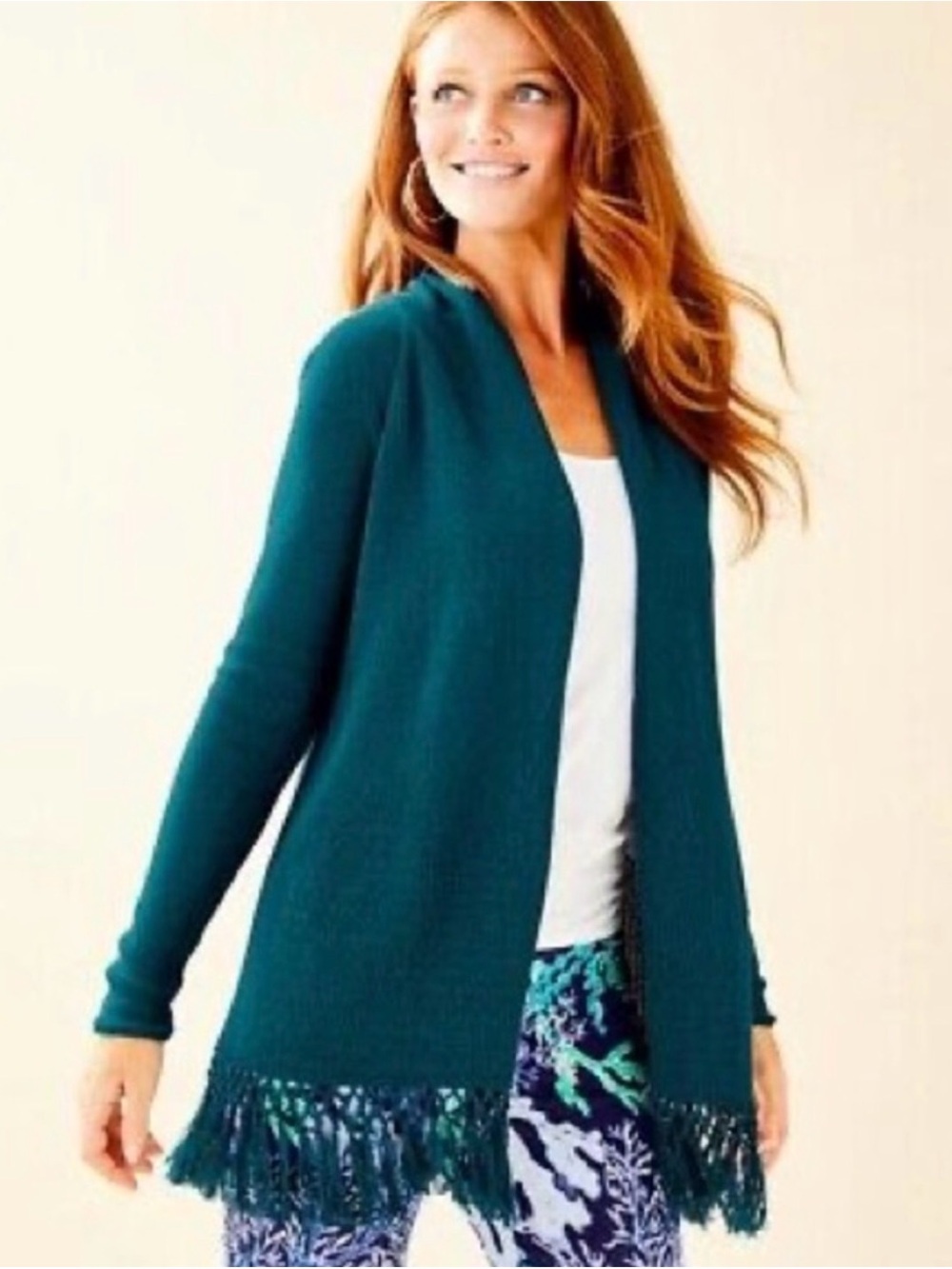 Lilly Pulitzer Tatum Long Fringe Cardigan In Inky Tidal Teal